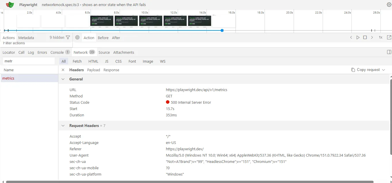 playwright-trace-viewer-network-mocked-500-response | Software Testing Tutorials Playwright Trace Viewer Network tab showing a mocked 500 Internal Server Error response for the metrics API request