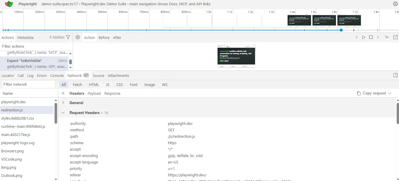 playwright-trace-viewer-network-timeline-real-requests | Software Testing Tutorials Playwright Trace Viewer Network tab showing the request timeline and headers for a real test run against playwright.dev
