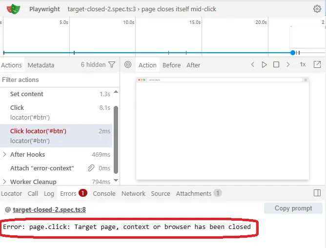 Trace Viewer showing navigation event causing Playwright target closed error