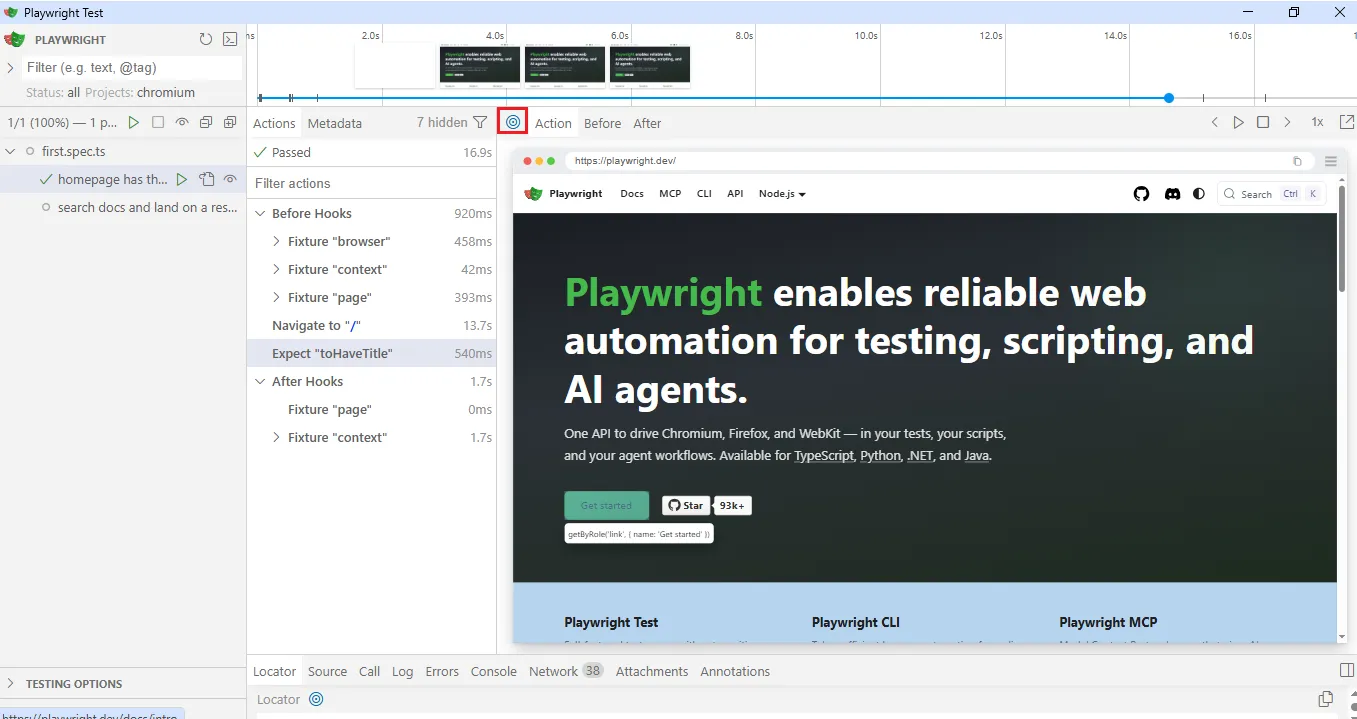 playwright-ui-mode-locator-picker-getbyrole | Software Testing Tutorials Playwright UI Mode locator picker highlighting the Get Started button and showing the generated getByRole locator