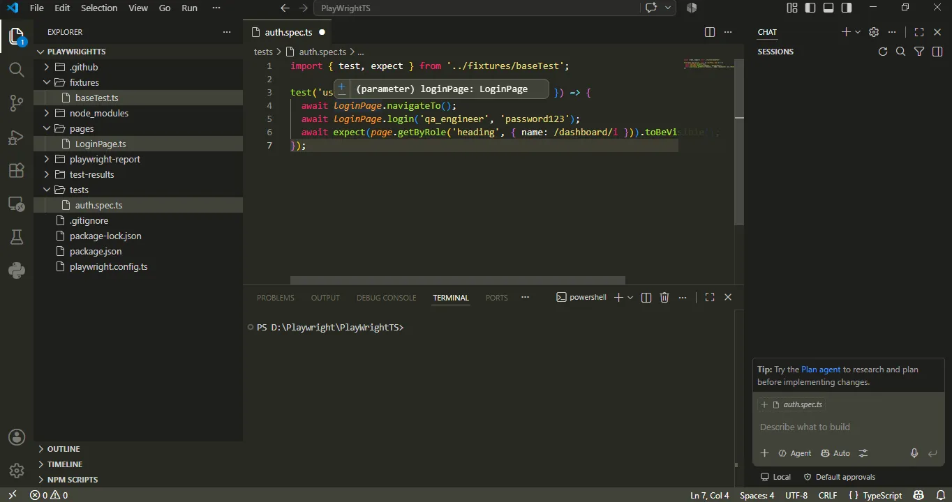 vscode-typescript-fixture-type-safety-tooltip | Software Testing Tutorials VS Code hover tooltip showing loginPage parameter typed as LoginPage, with zero TypeScript errors