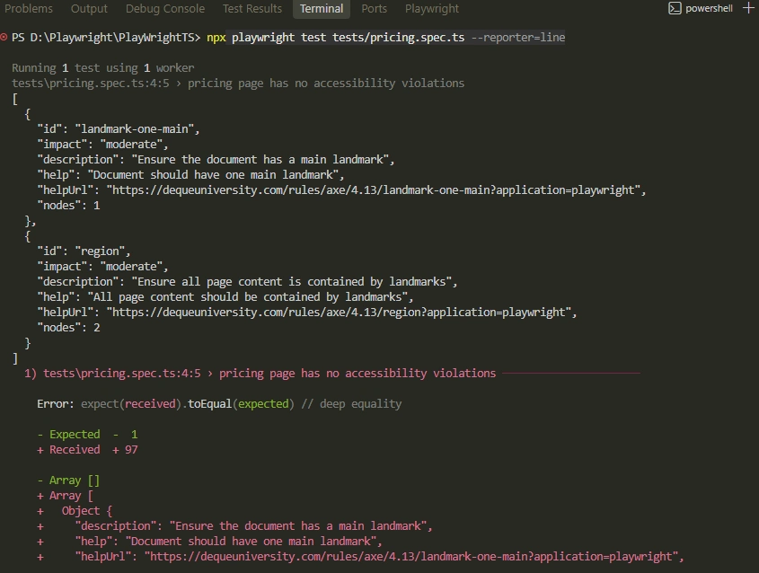 axe-core-configuration-options-before-fix | Software Testing Tutorials axe-core false positive accessibility scan output before applying a configuration fix