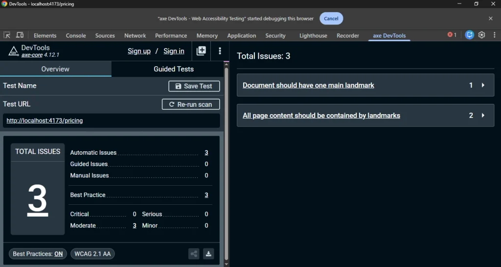 axe-core-false-positive-landmark-region-devtools | Software Testing Tutorials axe-core false positive accessibility scan flagging landmark and region best-practice rules