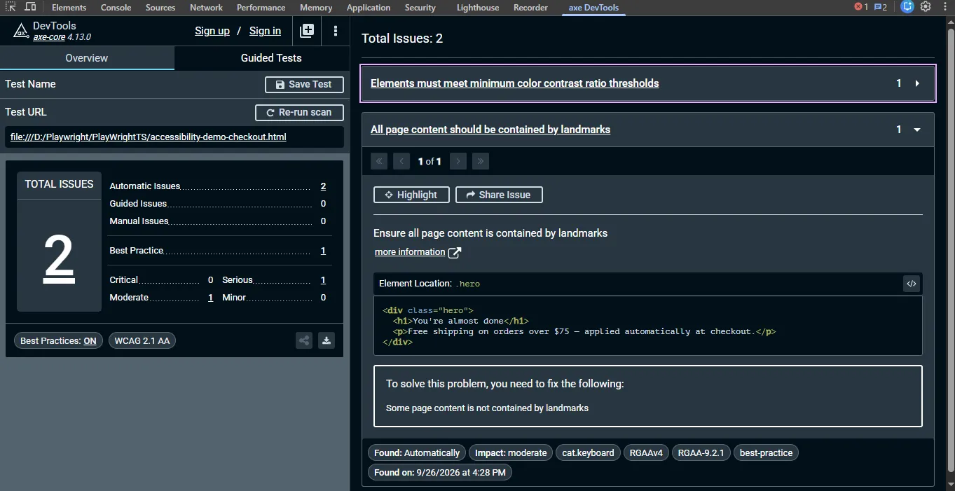 axe DevTools scan results showing automated accessibility testing findings