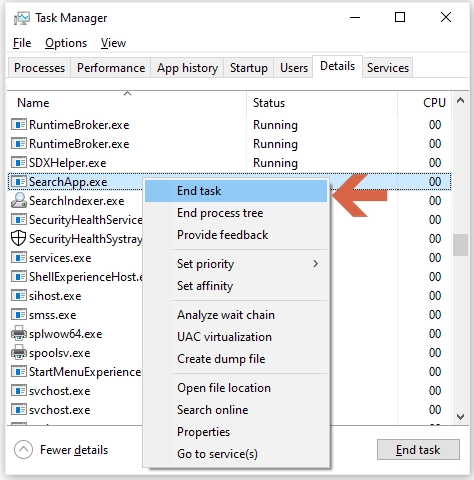 end task search process to fix windows search bar not working