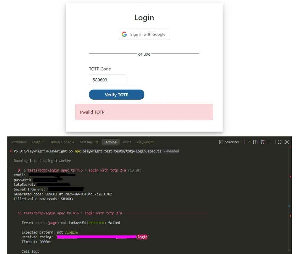 playwright totp 2fa login test failing with an invalid TOTP code