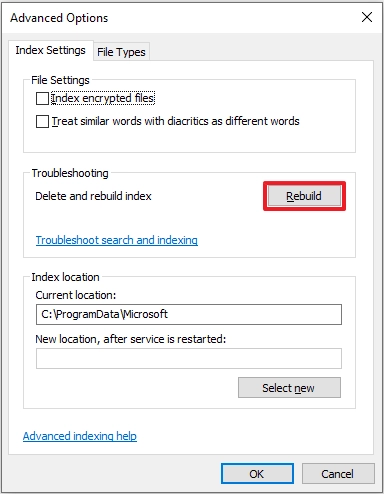 rebuild search index windows search bar not showing results
