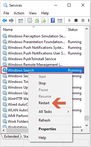 restart windows search service to fix windows 10 search not working