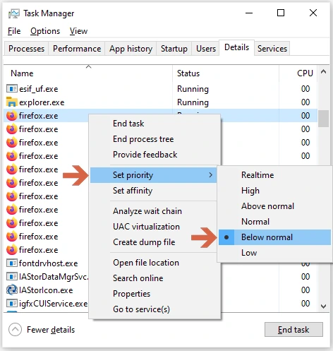 set-priority-windows-10-cpu-usage | Software Testing Tutorials task manager details tab set priority below normal lower cpu usage windows 10