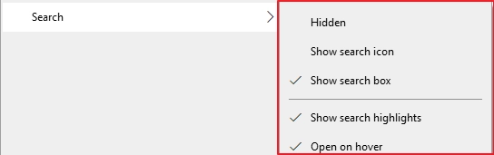 taskbar settings search icon hidden windows search bar missing