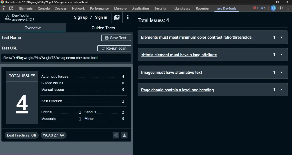 axe DevTools scan result showing 4 issues used to build a WCAG 2.2 checklist
