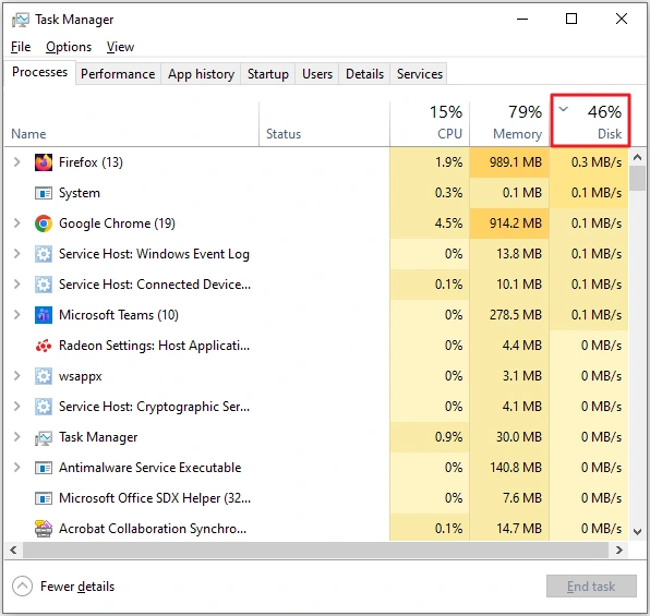 100% disk usage in Windows 10: Task Manager Processes tab sorted by the Disk column