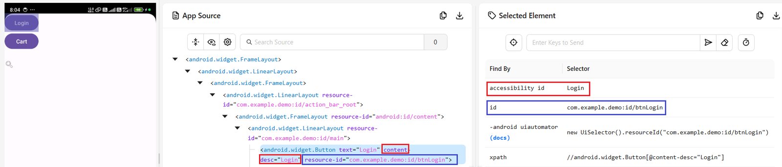Appium accessibility testing: Appium Inspector showing accessibility id and resource-id for an Android button