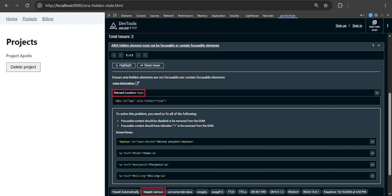 axe DevTools modal accessibility testing result showing the aria-hidden-focus violation on an app root left aria-hidden after a modal closed