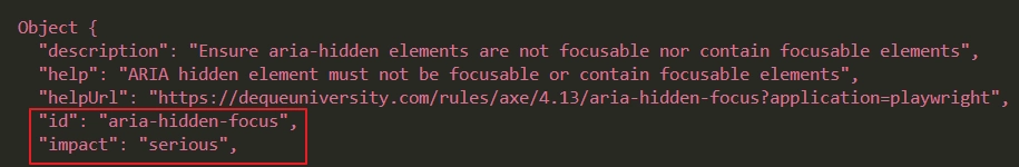 Terminal output of a failing Playwright axe-core test where aria roles misuse shows up as the aria-hidden-focus rule with serious impact
