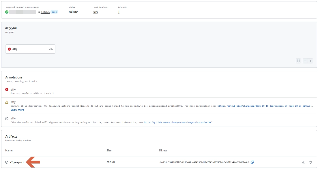 axe-core-ci-cd-github-actions-run | Software Testing Tutorials axe-core CI CD scan failing in a GitHub Actions run, with the report artifact uploaded