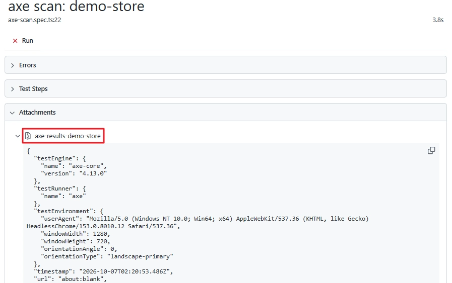 axe-core-ci-cd-playwright-report-attachment | Software Testing Tutorials Playwright HTML report showing an attached axe-core results file from a CI/CD accessibility scan