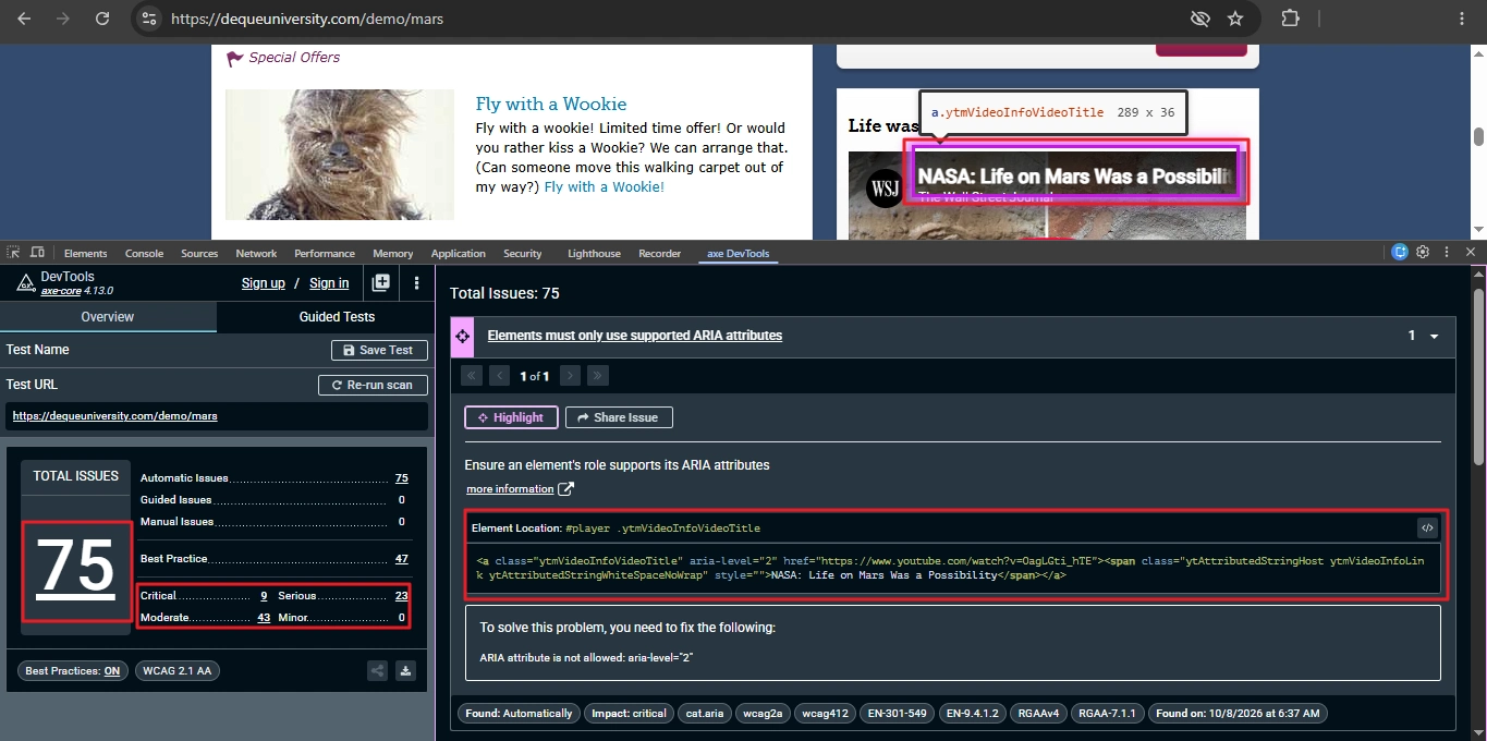 axe-devtools-scan-results | Software Testing Tutorials axe DevTools overview showing 75 issues by severity, with one issue expanded, on a demo page