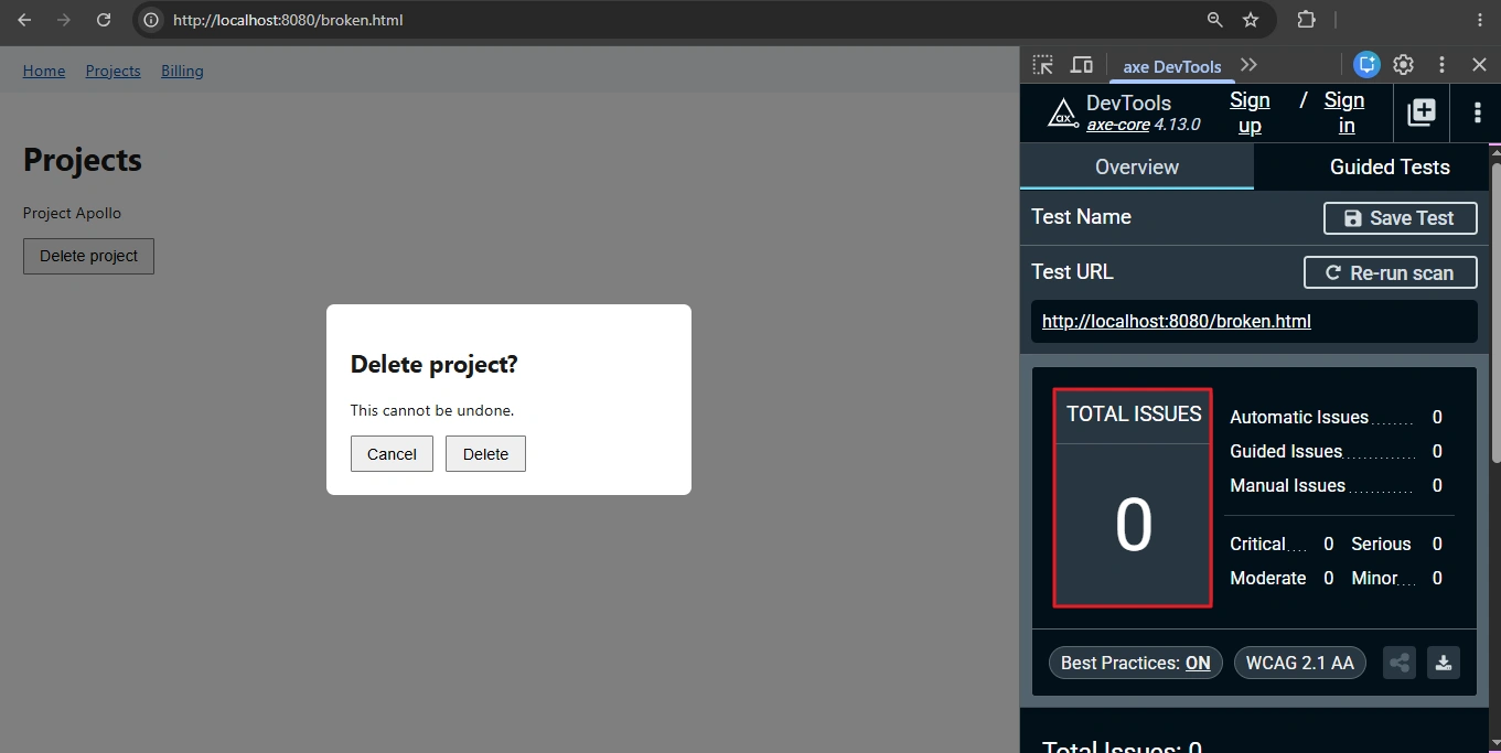 axe DevTools reporting zero issues on a modal that still needs a focus trap javascript fix