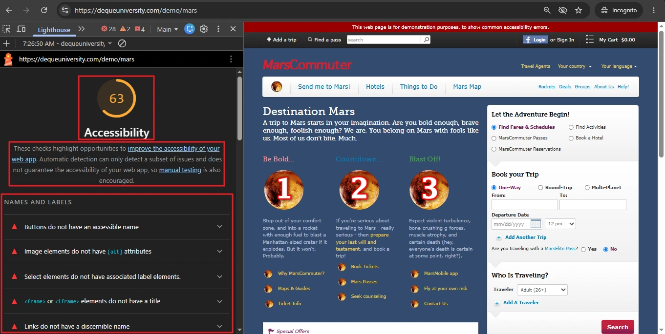 lighthouse-accessibility-report | Software Testing Tutorials Lighthouse accessibility audit report showing a score of 63 and failing audits in Chrome DevTools