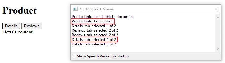 NVDA Speech Viewer window listing the announced speech for the fixed tablist: Product info tab control, then Details tab selected 1 of 2