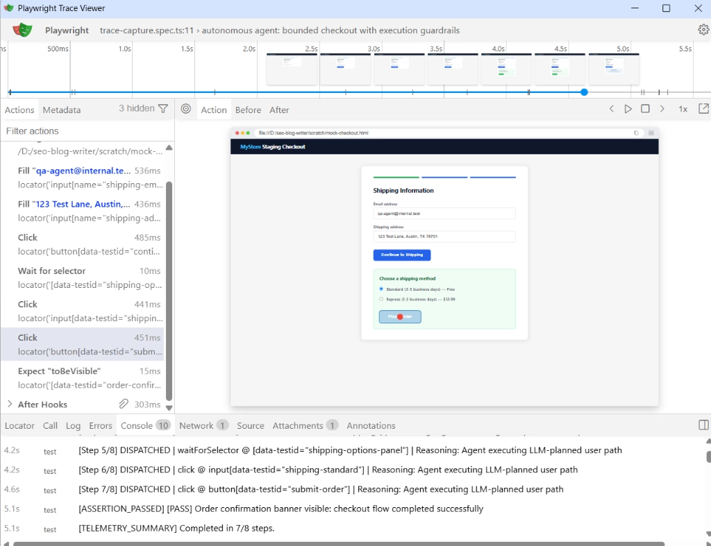 Playwright Trace Viewer showing bounded agentic test execution with step budget telemetry logs and deterministic assertion pass confirmation on the order confirmation banner
