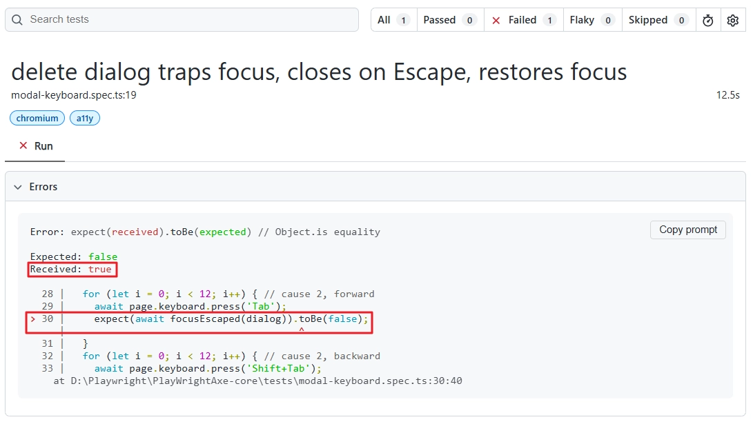 Playwright HTML report from tab key navigation testing, failing because focus escaped the modal