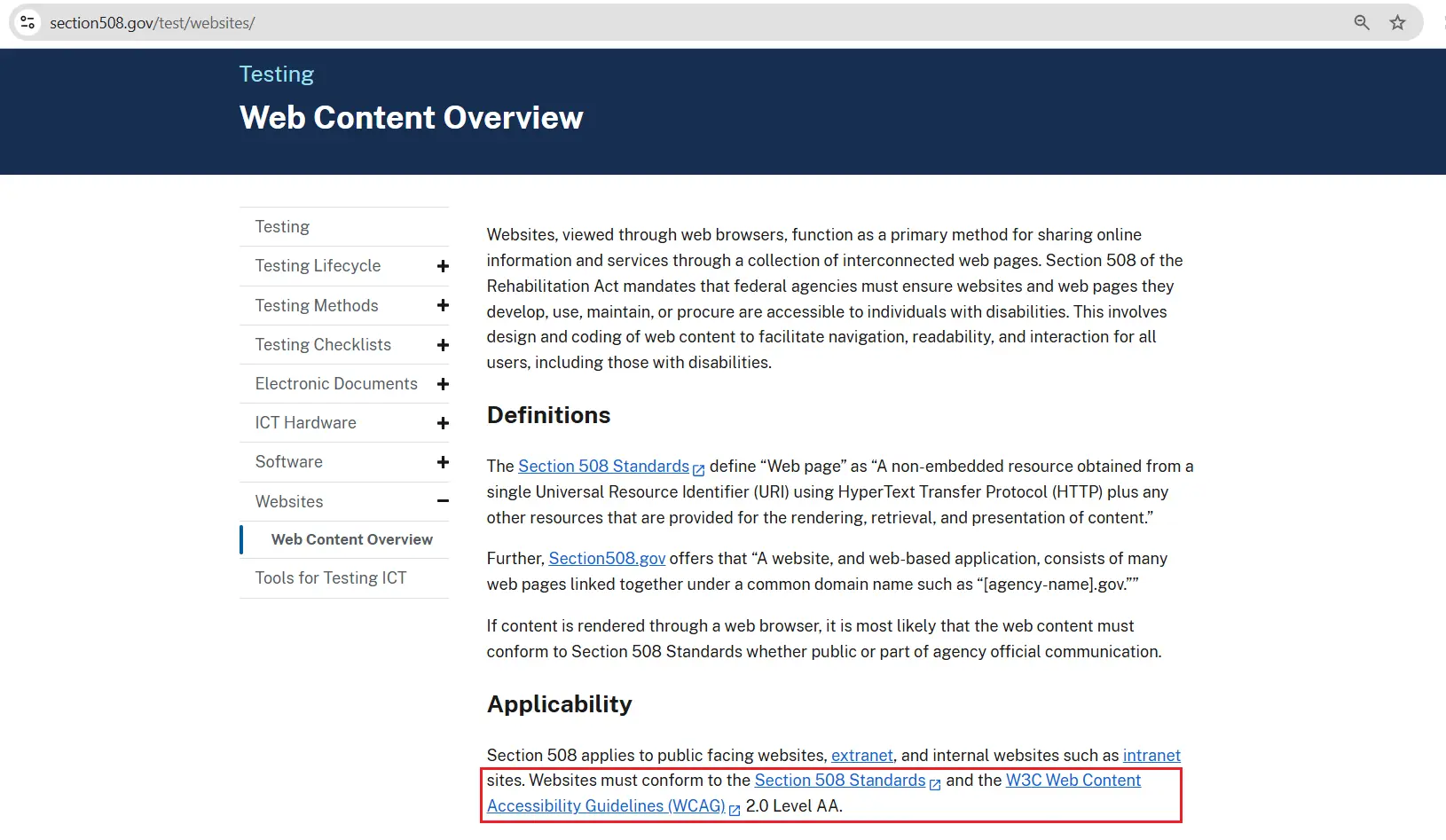 Section508.gov Web Content Overview page stating that websites must conform to Section 508 and WCAG 2.0 Level AA, the core of section 508 vs WCAG