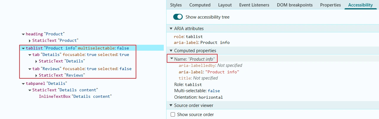 Chrome DevTools accessibility tree for the fixed tablist, showing one tablist node with two named tab children, Details and Reviews