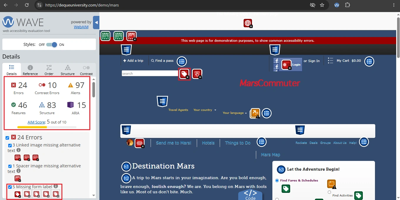 wave-extension-overlay | Software Testing Tutorials WAVE sidebar showing 24 errors, 10 contrast errors and 97 alerts with icons on a demo web page