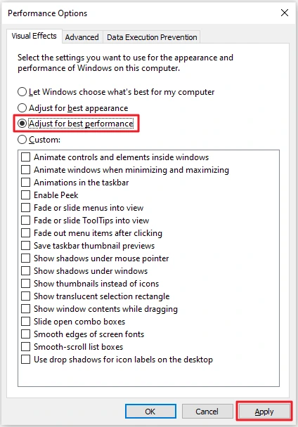 Adjust for best performance in Windows 10: Performance Options dialog on the Visual Effects tab