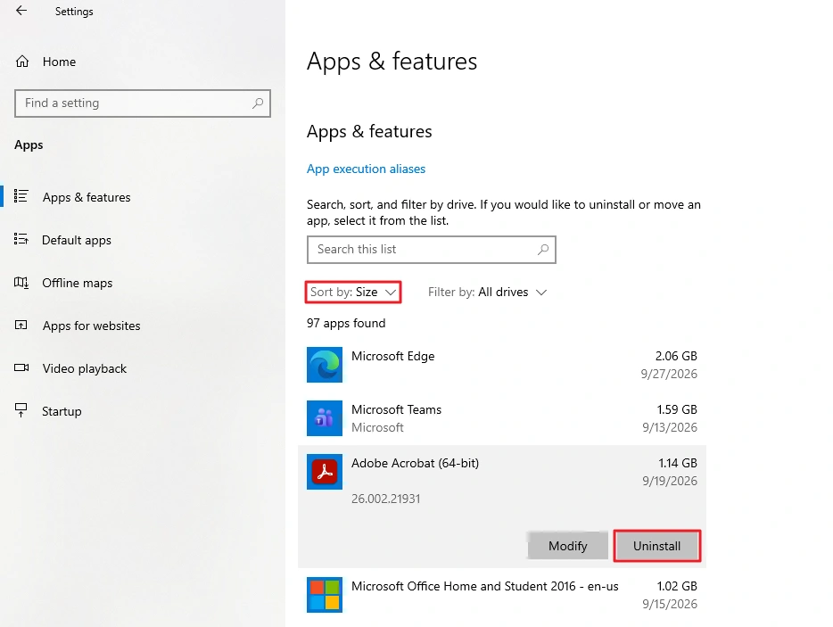 Windows 10 Apps and features list sorted by size
