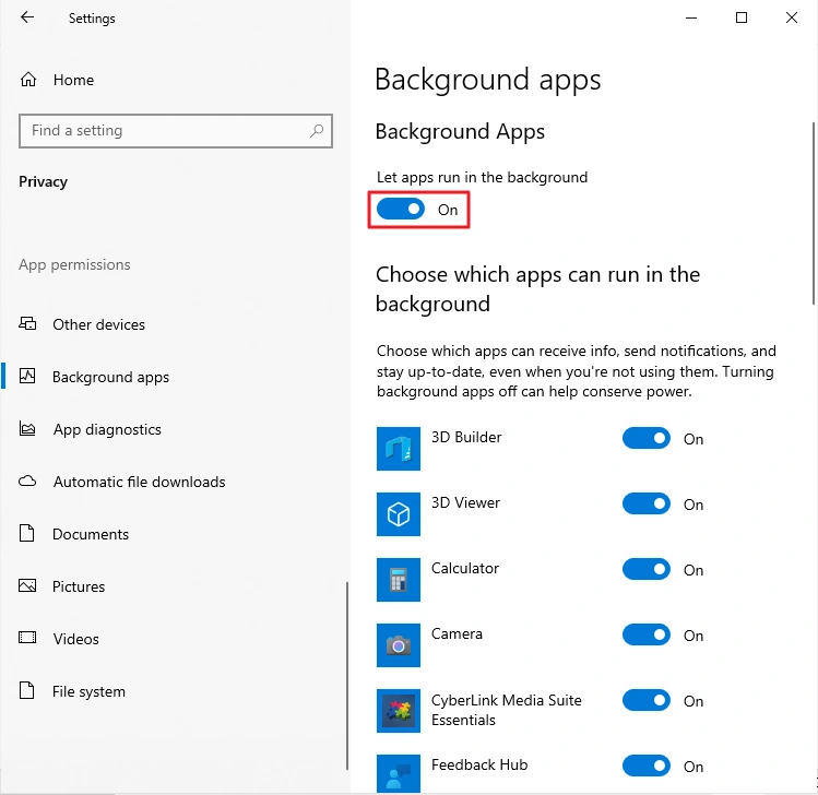Windows 10 privacy settings showing background apps toggles