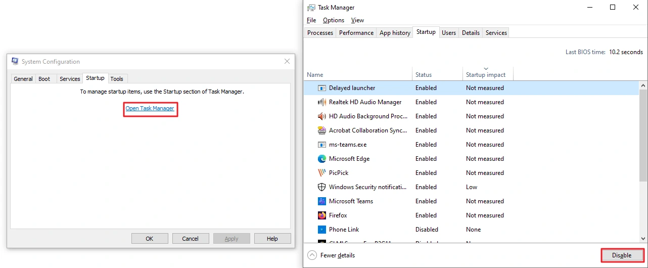 Windows 10 System Configuration Startup tab linking to Task Manager with the Disable button for startup programs