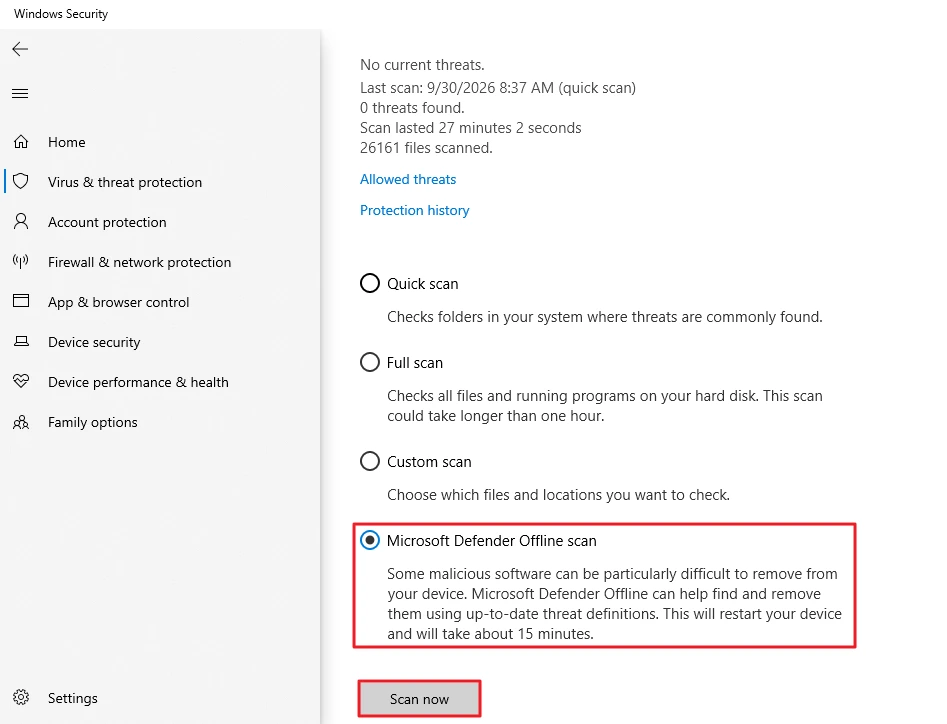 Windows 10 Windows Security scan options with Microsoft Defender Offline scan selected