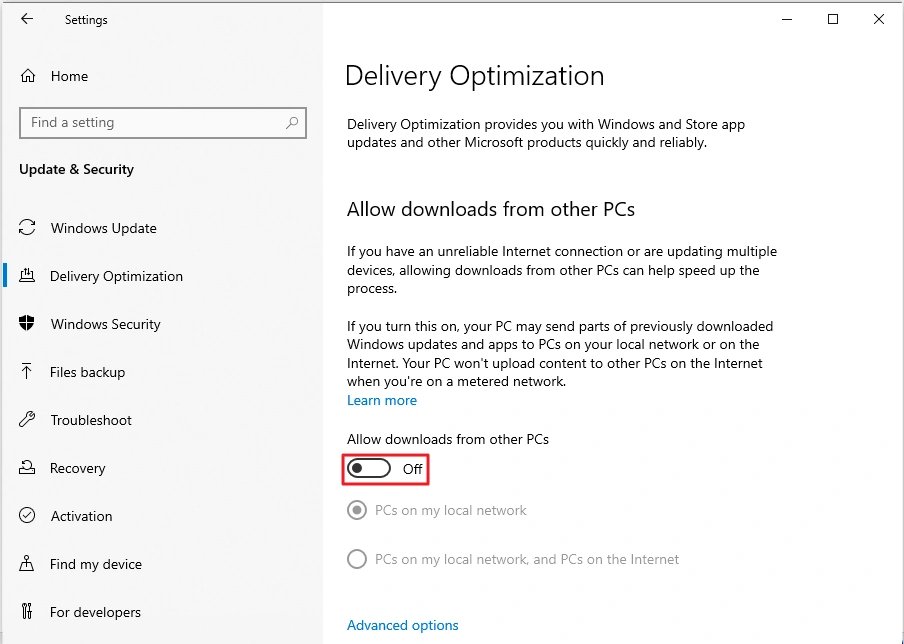 Delivery Optimization settings in Windows 10 with Allow downloads from other PCs turned off