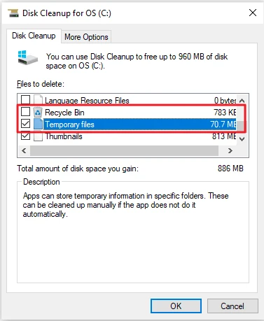 Windows 10 Disk Cleanup file list scrolled to the Recycle Bin and Temporary files options