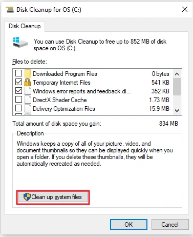 Windows 10 Disk Cleanup dialog with Clean up system files button