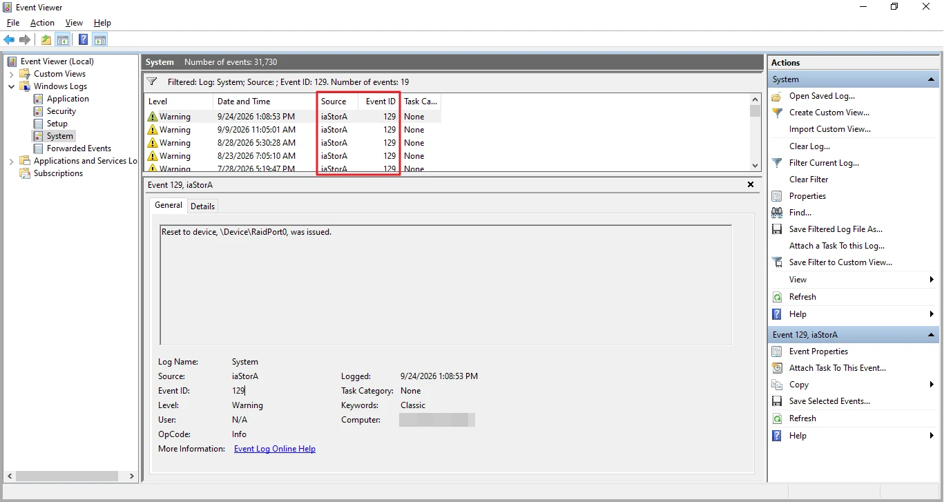 Event Viewer in Windows 10 showing Event ID 129 warnings from the iaStorA source