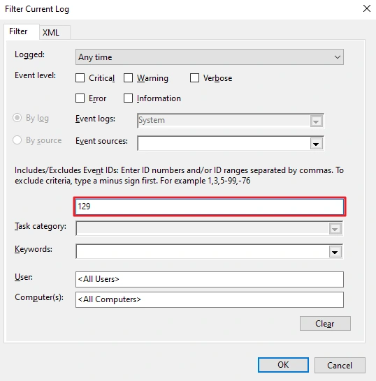 Event Viewer Filter Current Log dialog with Event ID 129 entered