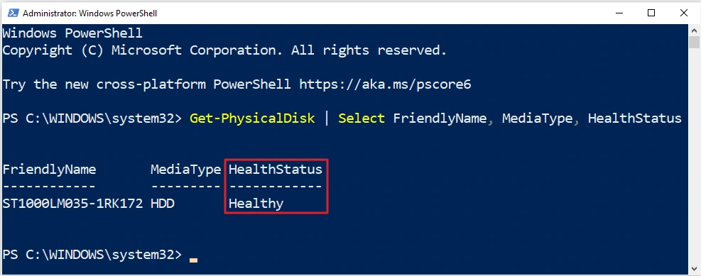 PowerShell output in Windows 10 showing a hard drive with HealthStatus Healthy