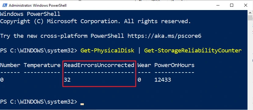 PowerShell Get-StorageReliabilityCounter output with ReadErrorsUncorrected highlighted