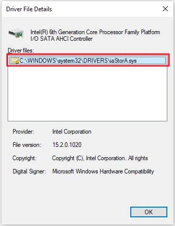 Driver File Details dialog listing iaStorA.sys for an Intel SATA AHCI controller