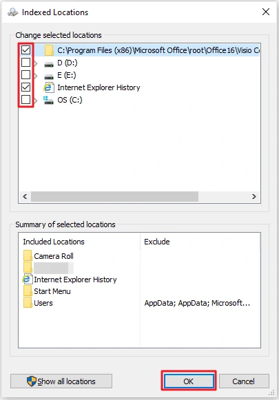 Windows 10 Indexed Locations dialog used to reduce background disk activity