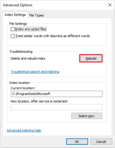 Windows 10 Advanced Options dialog with the Rebuild button for the search index