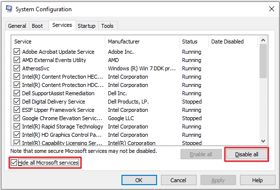 Windows 10 System Configuration Services tab with Hide all Microsoft services checked
