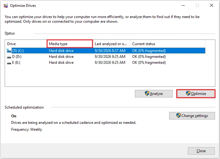 Windows 10 Optimize Drives window showing drive media type