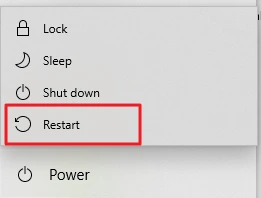 Windows 10 Start menu power options with Restart highlighted