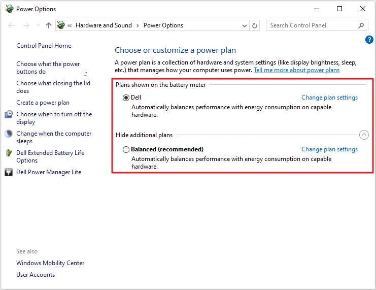 Windows 10 performance tweaks: Power Options window listing the power plans available on a laptop