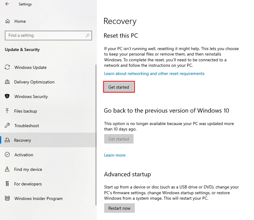 Windows 10 Recovery settings showing Reset this PC option
